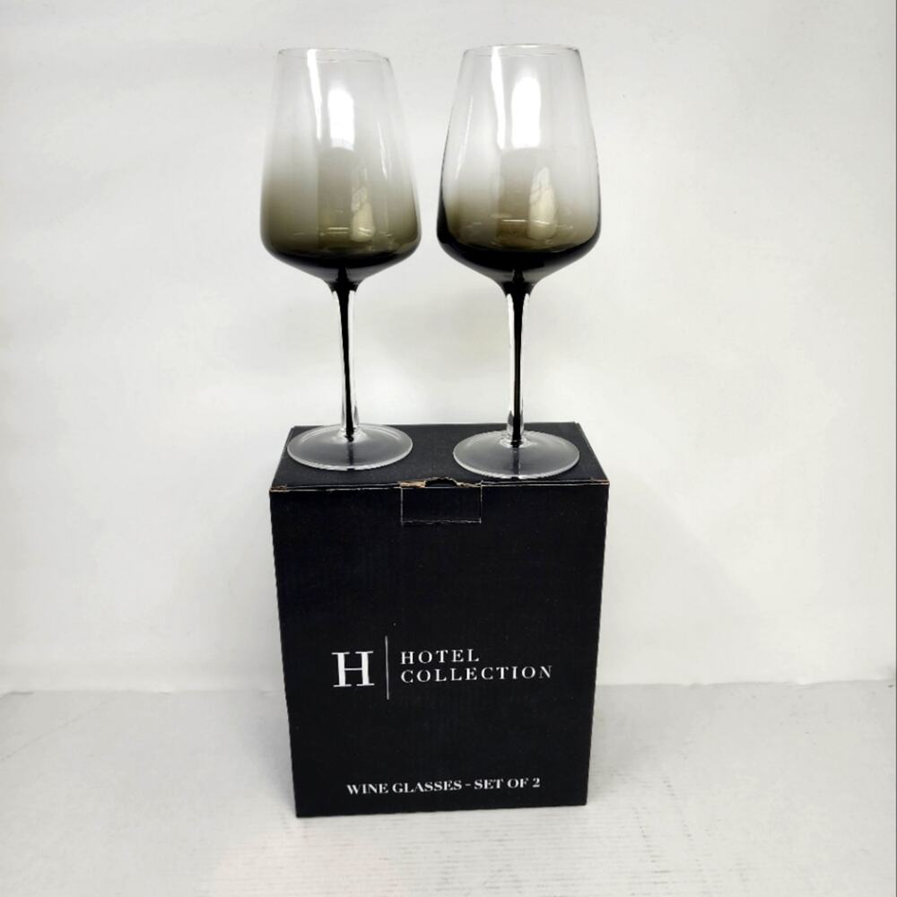 Hotel Collection Dark Stem White Wine Glasses Set/2 Delicate Stem Smoke Tint New